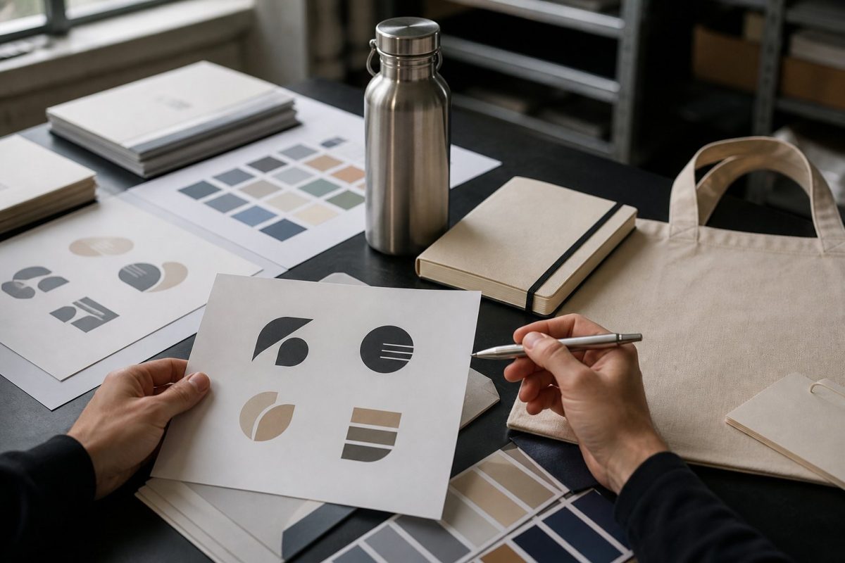 Nuancier, propositions de logo et objets vierges sur un bureau de graphiste avant marquage